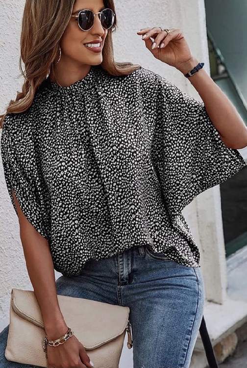 Leopard Knot Stand Neck Tunic Short Sleeve Blouse