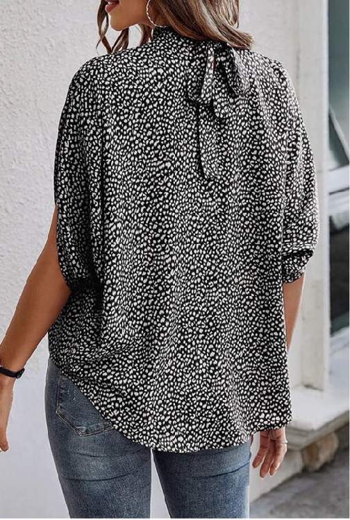 Leopard Knot Stand Neck Tunic Short Sleeve Blouse