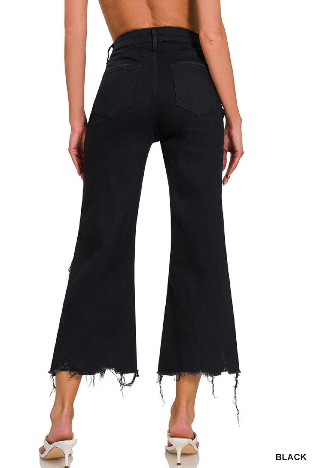 Zenana Distressed Knee Flared Crop High-Waist Pants