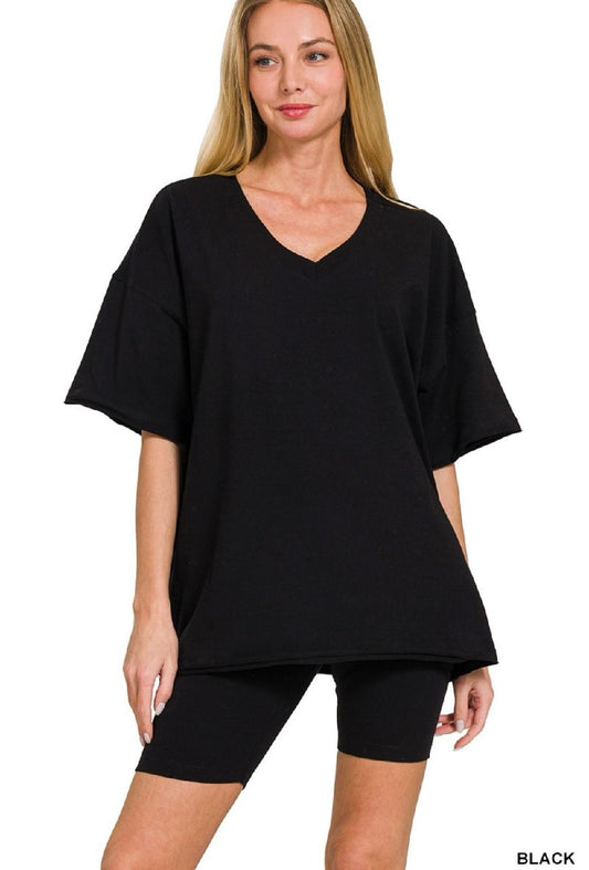 Cotton V-Neck Top & Biker Shorts Set