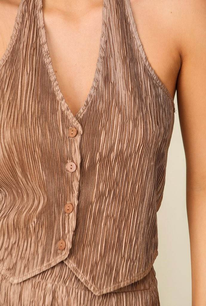 Crinkled Halter Neck Button Down Vest