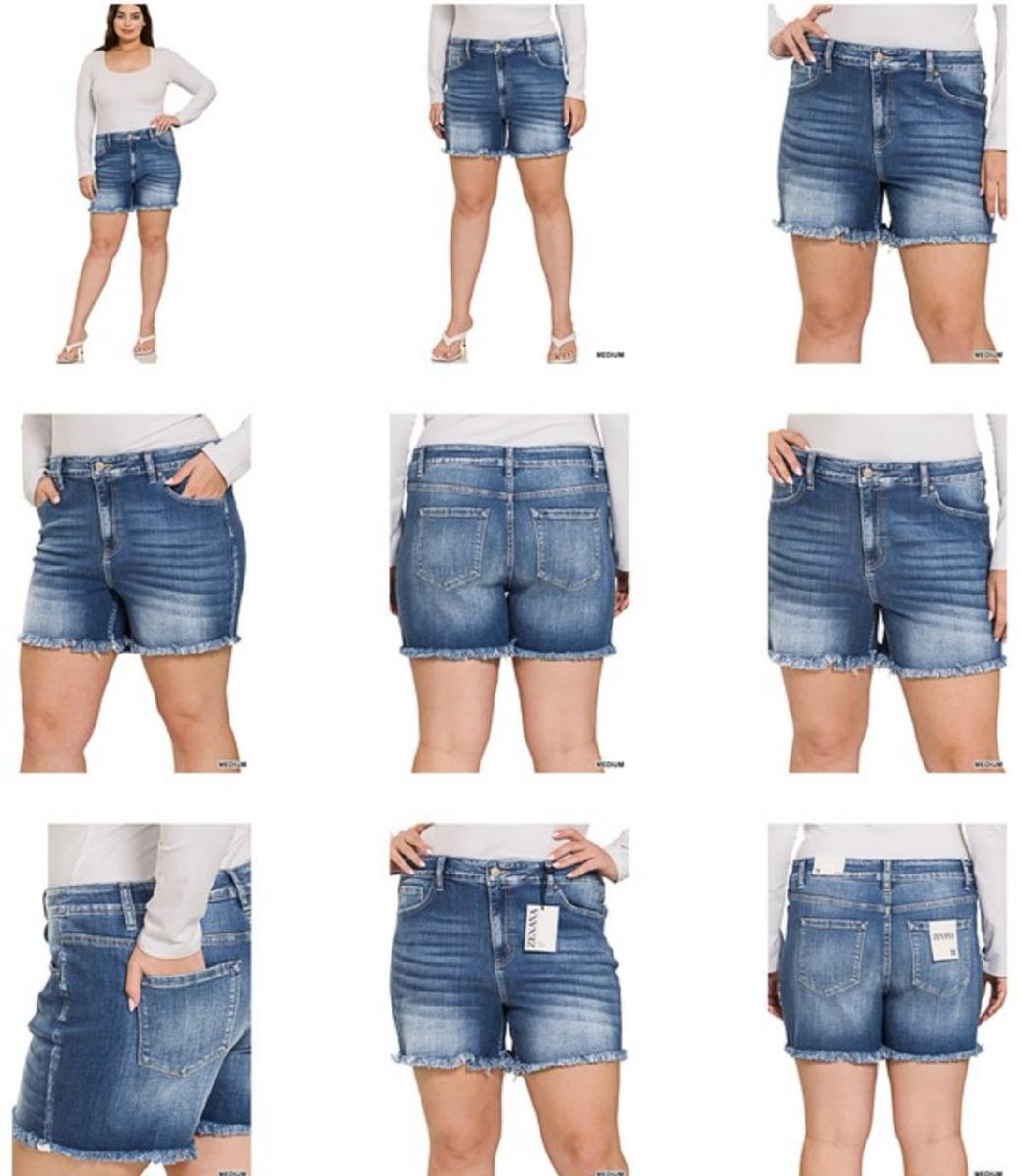 Zenana Plus Mid Rise Raw Frayed Hem Denim Shorts