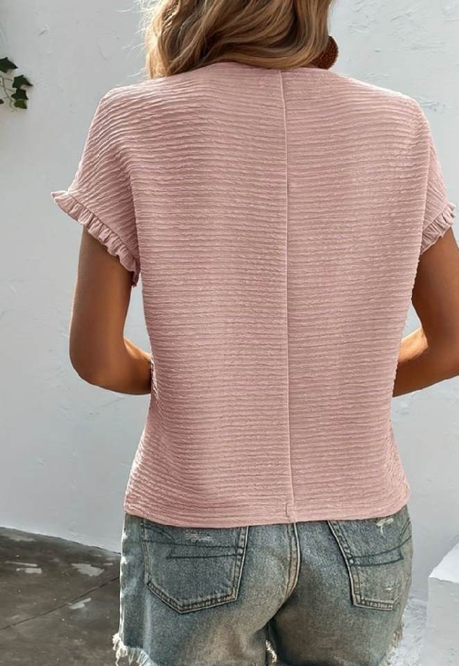 The Way I Love You Solid Textured Ruffled Short Sleeve Blouse