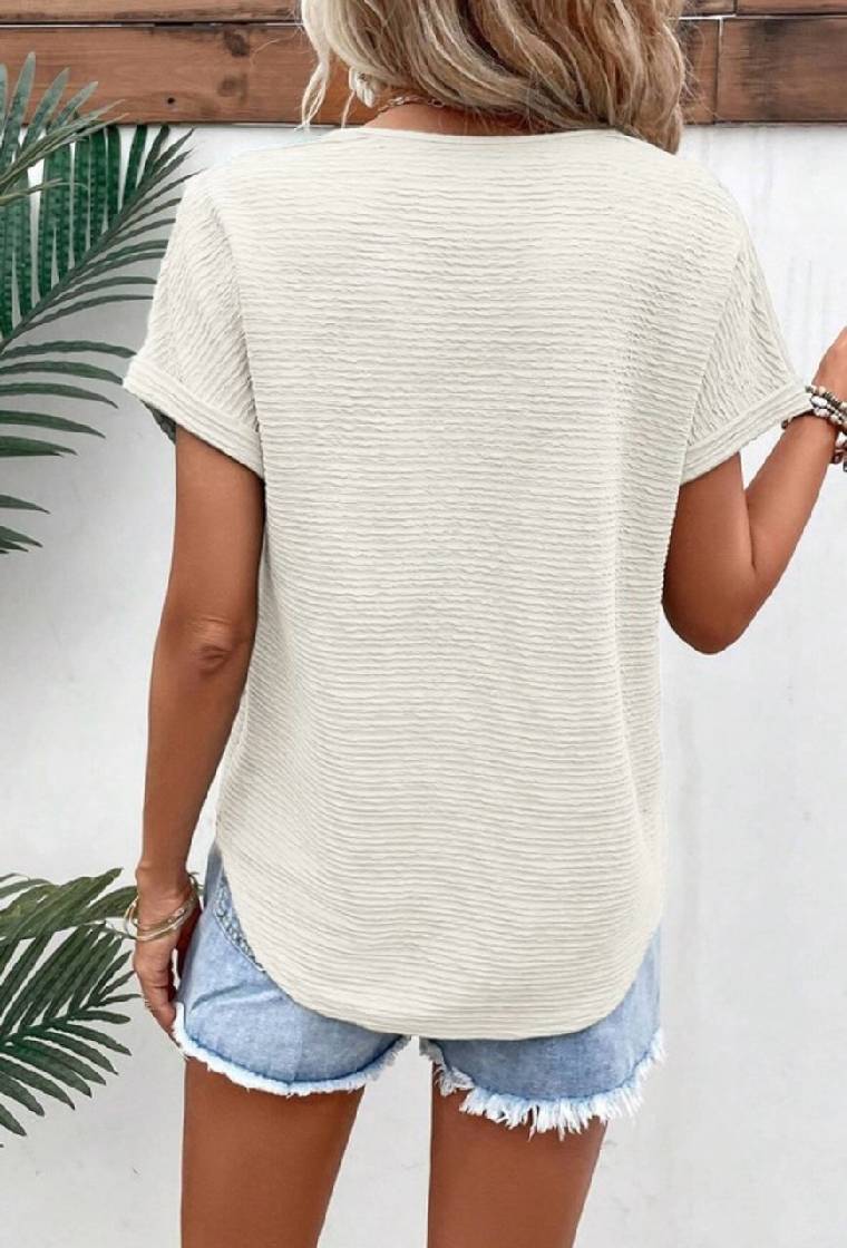 Everything You Need Pale Khaki Textured Wide Sleeve V Neck T Shirt