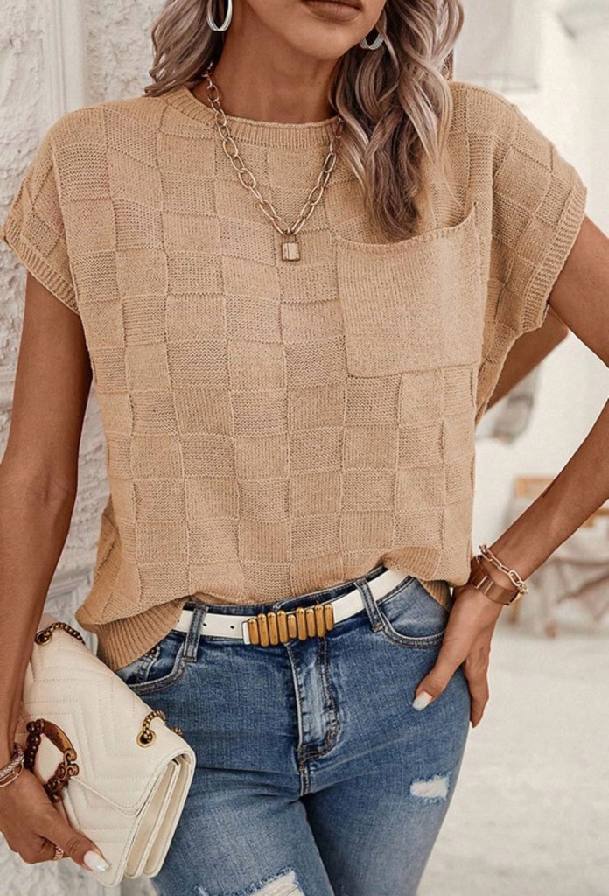 On The Go Lattice Textured Knit Short Sleeve Sweater