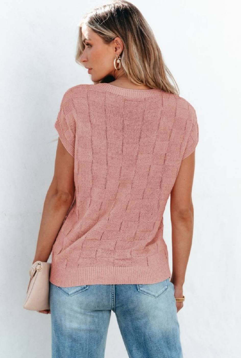On The Go Lattice Textured Knit Short Sleeve Sweater