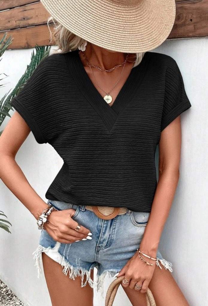 Everything You Need Pale Khaki Textured Wide Sleeve V Neck T Shirt