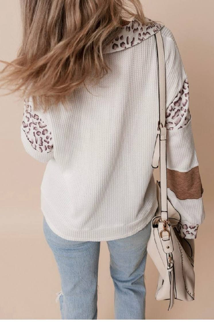 Leopard Patchwork Turn-down Collar Waffle Top