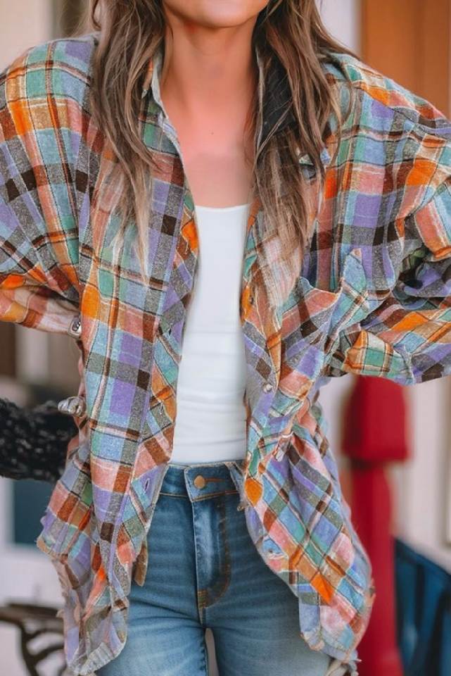 Classic Charm Plaid Print Drop Sleeve Loose Shirt