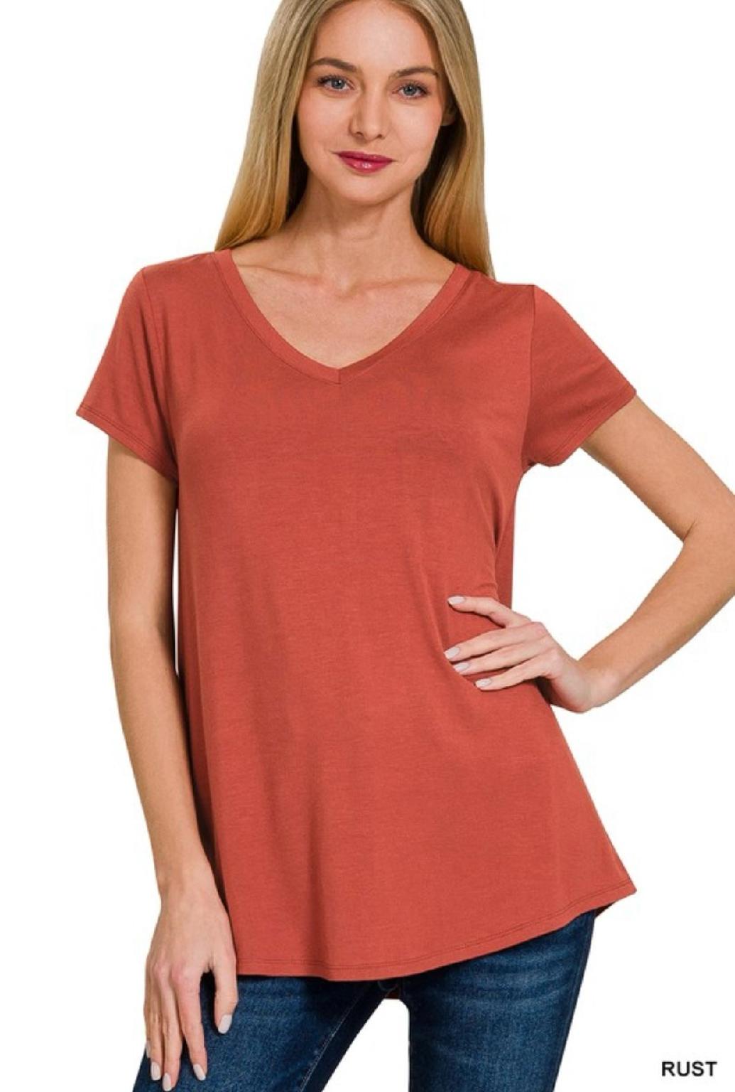 Basic Rayon Short Sleeve V-Neck Round Hem Top