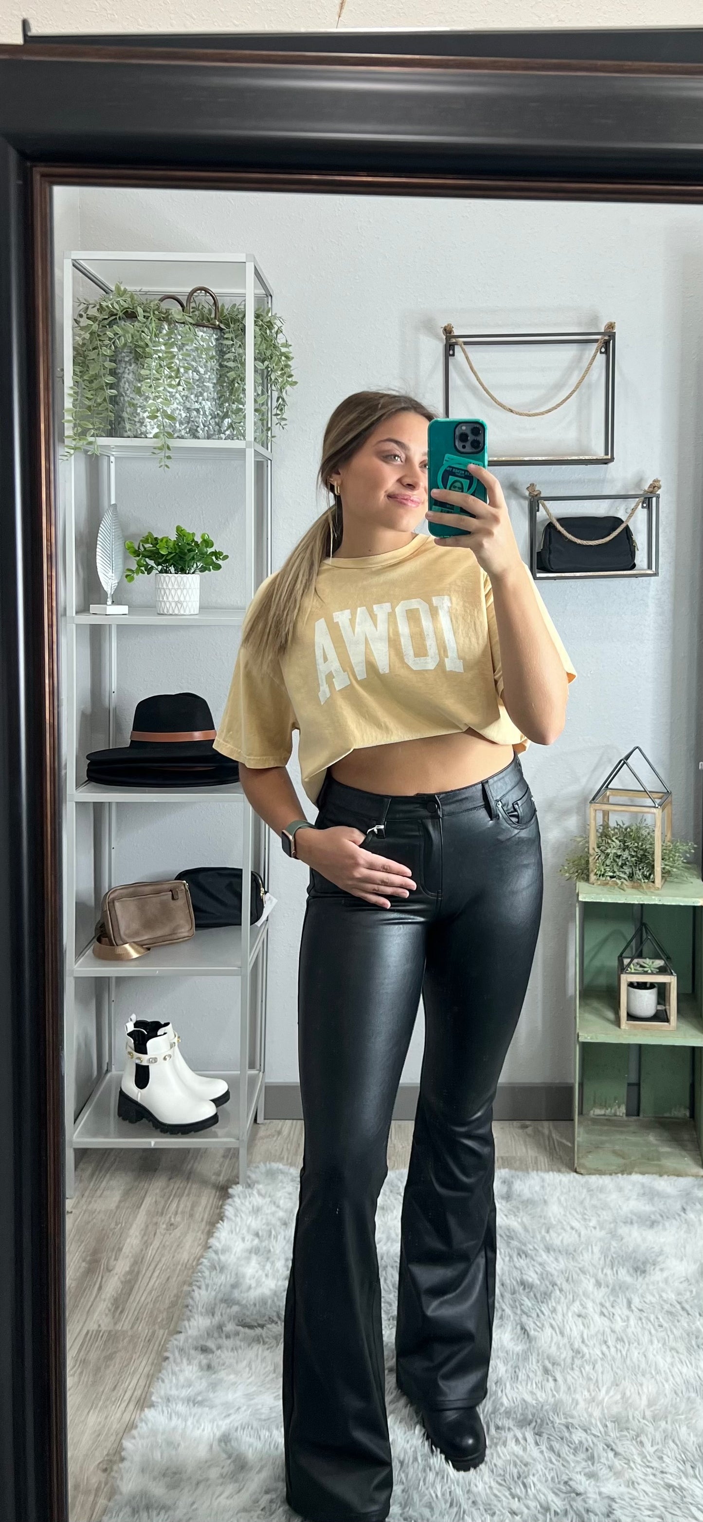 Kiwi Mid Rise Faux Leather Flare Jeans