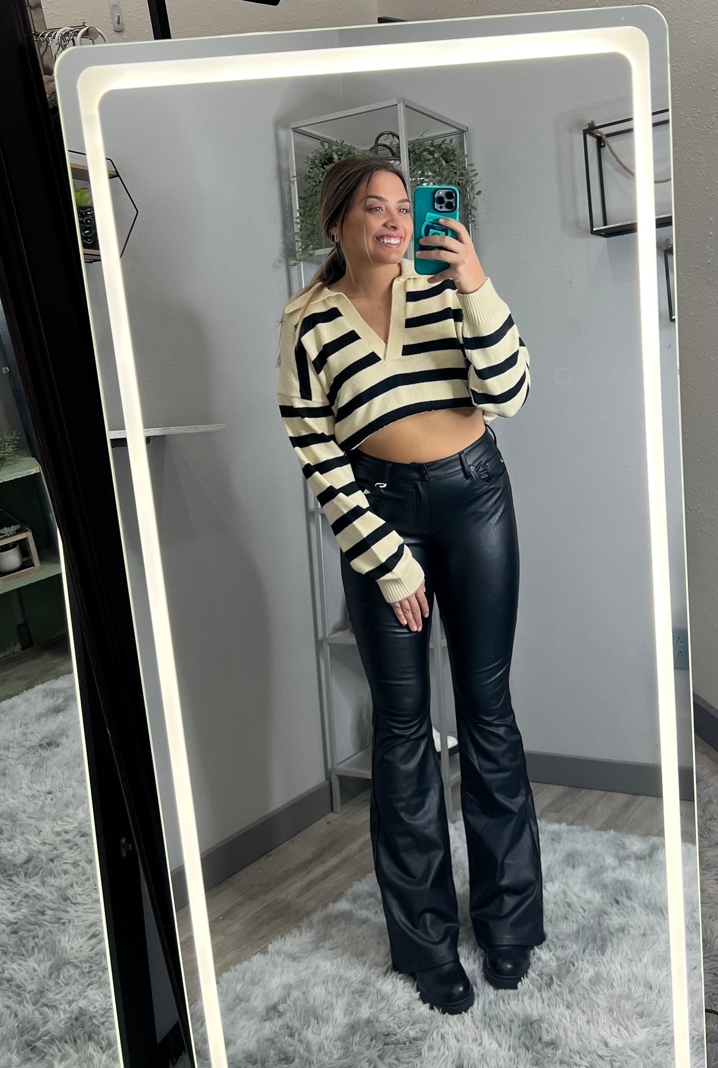 Kiwi Mid Rise Faux Leather Flare Jeans