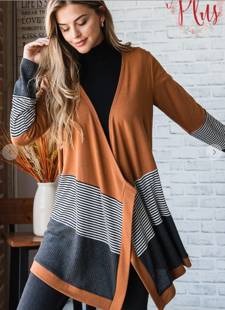 Orange Waffle And Stripe Open Cardigan