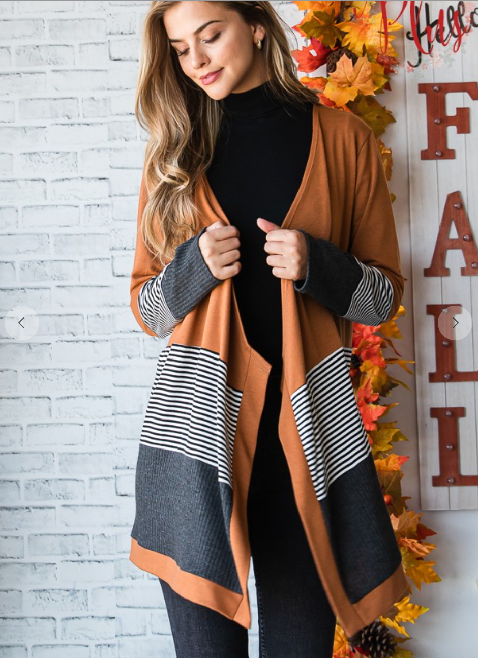 Orange Waffle And Stripe Open Cardigan