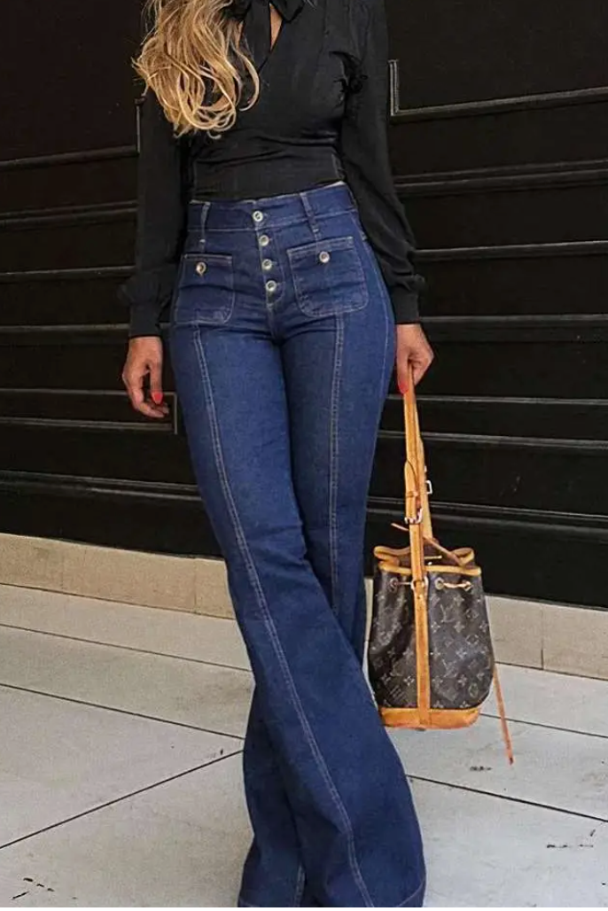 Midi Washed Fly Button High Rise Flare Indigo Jean