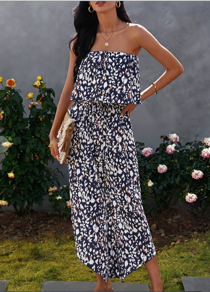 Strapless Ruffled Graphic Print Jumpsuit