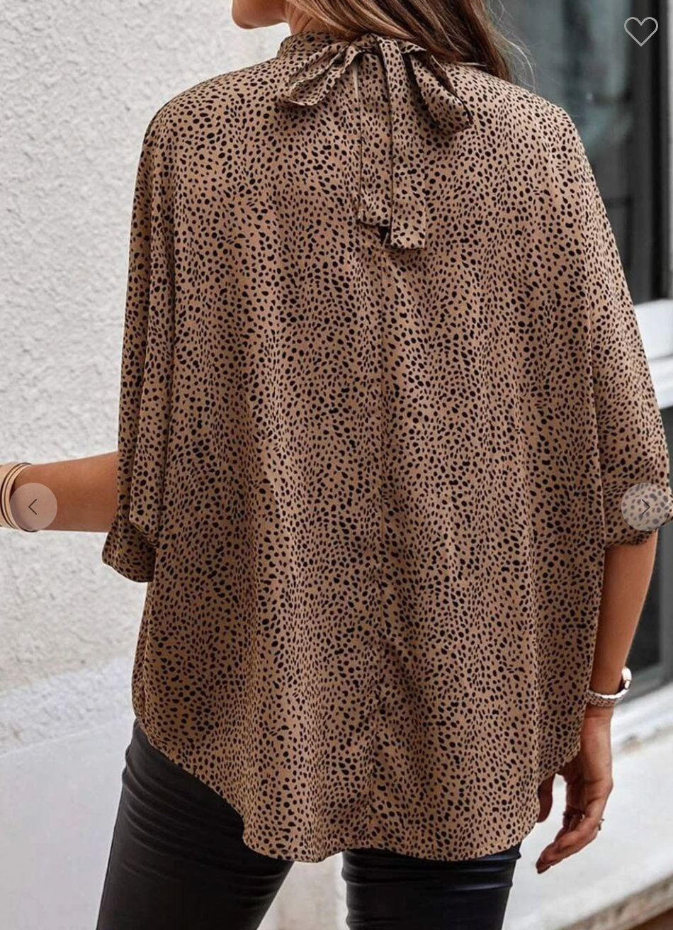 Leopard Knot Stand Neck Tunic Short Sleeve Blouse