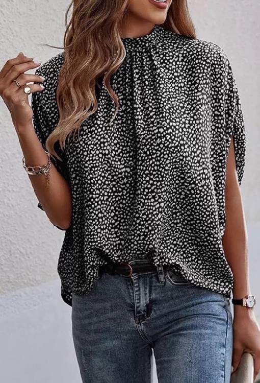 Leopard Knot Stand Neck Tunic Short Sleeve Blouse