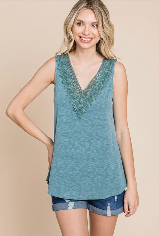 Keeping It Simple Lace Neckline Tank