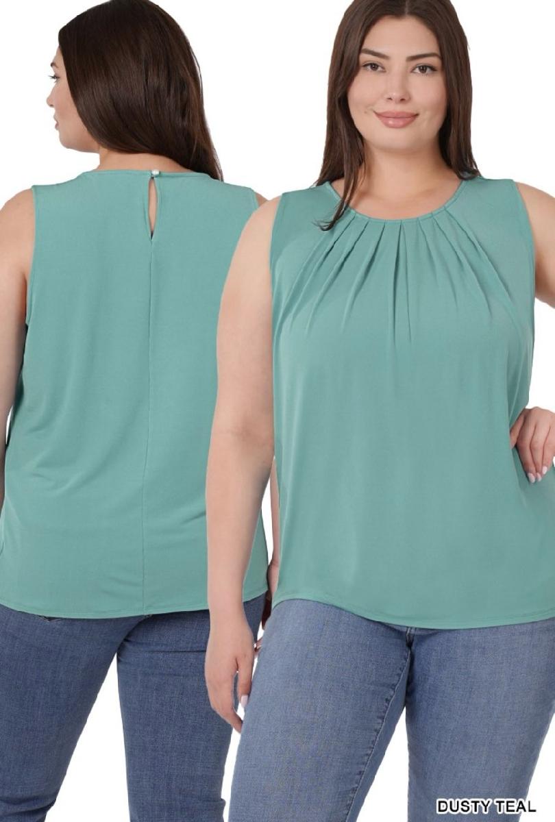 Plus Sleeveless Front Neck Pleat Top