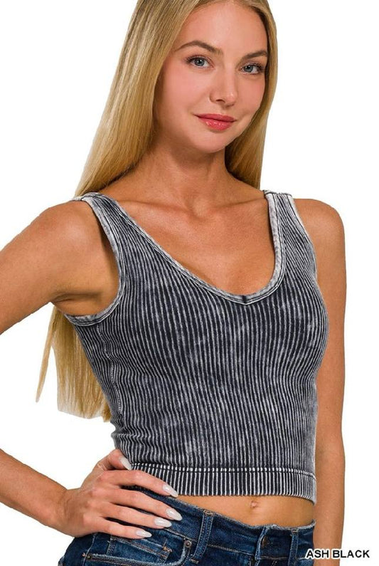 Washed Ribbed Cropped Bra Padded V-Neck Tank