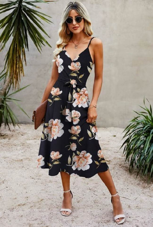 Let's Face The Music And Dance Floral Belted Dress