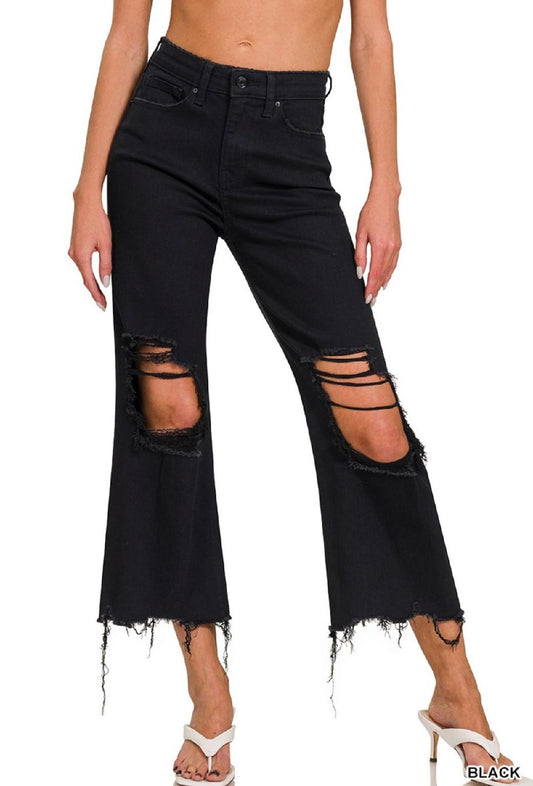 Zenana Distressed Knee Flared Crop High-Waist Pants