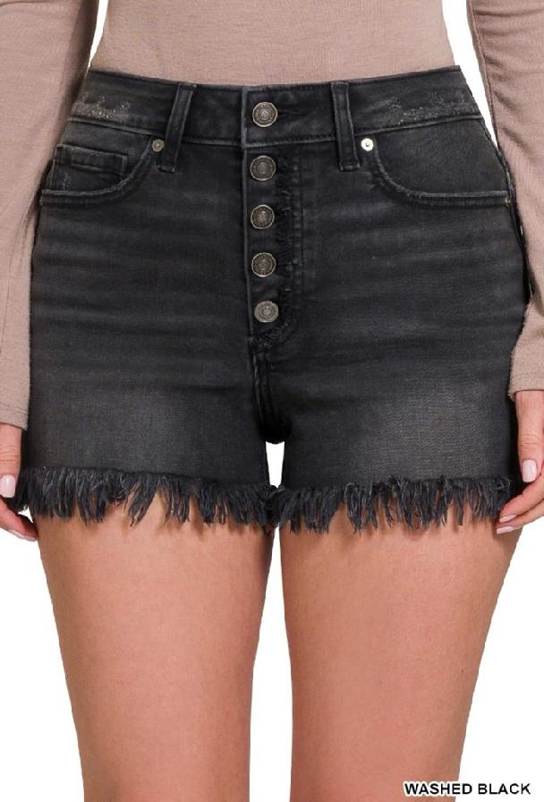 Zenana Frayed Button Fly Washed Black Shorts