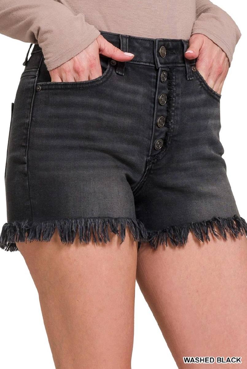 Zenana Frayed Button Fly Washed Black Shorts