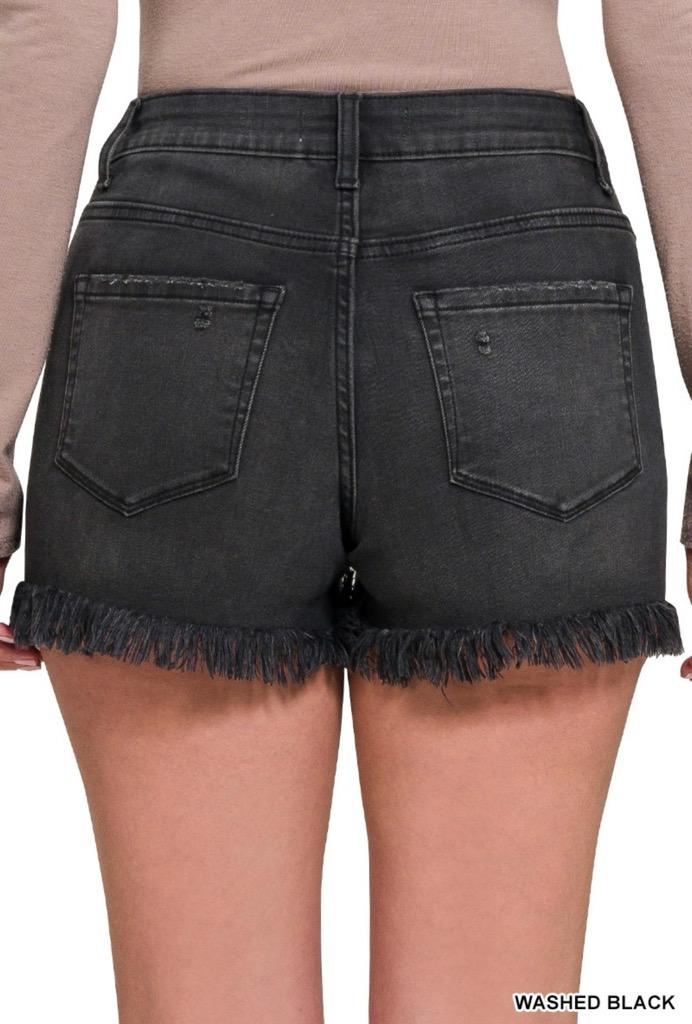 Zenana Frayed Button Fly Washed Black Shorts