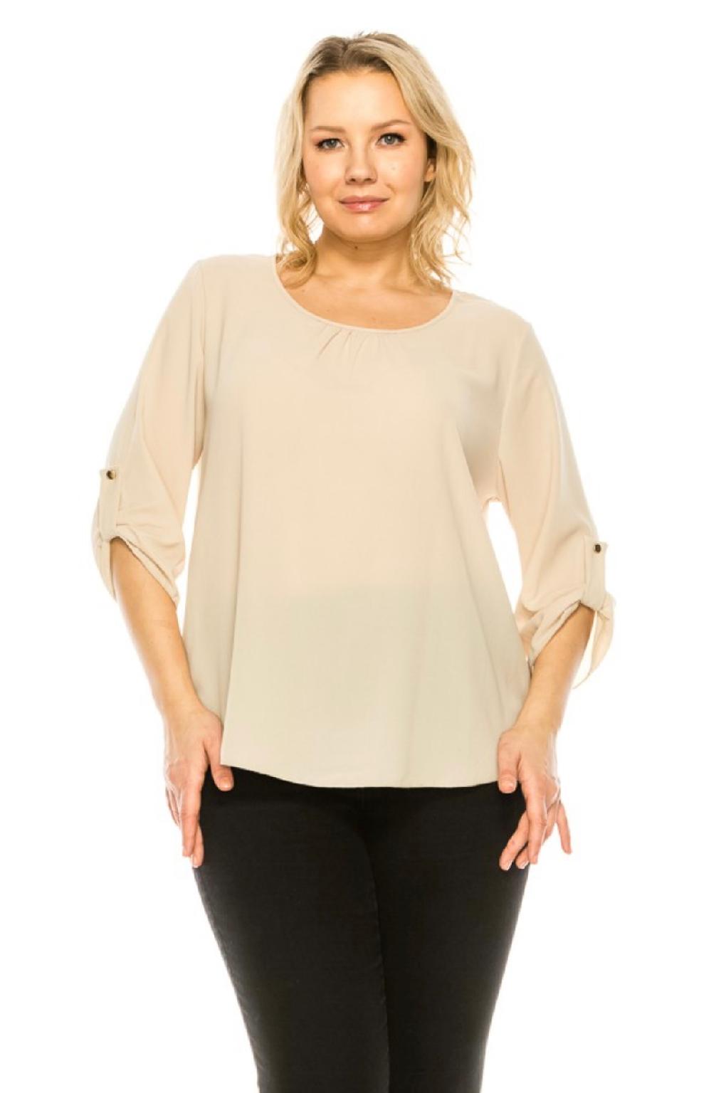 Plus size, round neck top with button tab sleeve