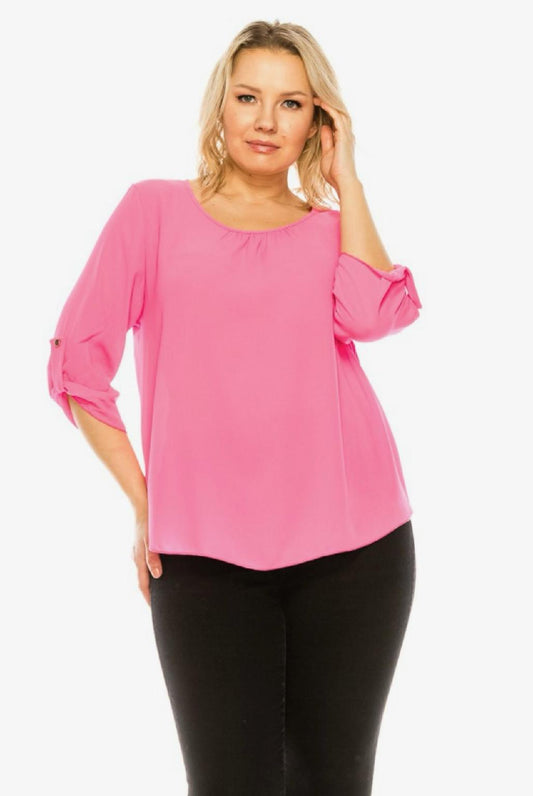 Plus size, round neck top with button tab sleeve