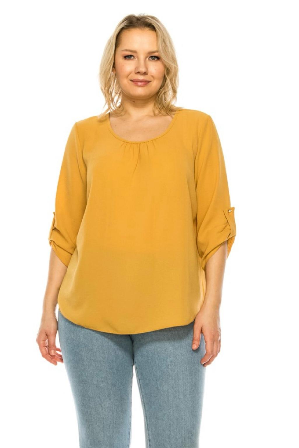 Plus size, round neck top with button tab sleeve