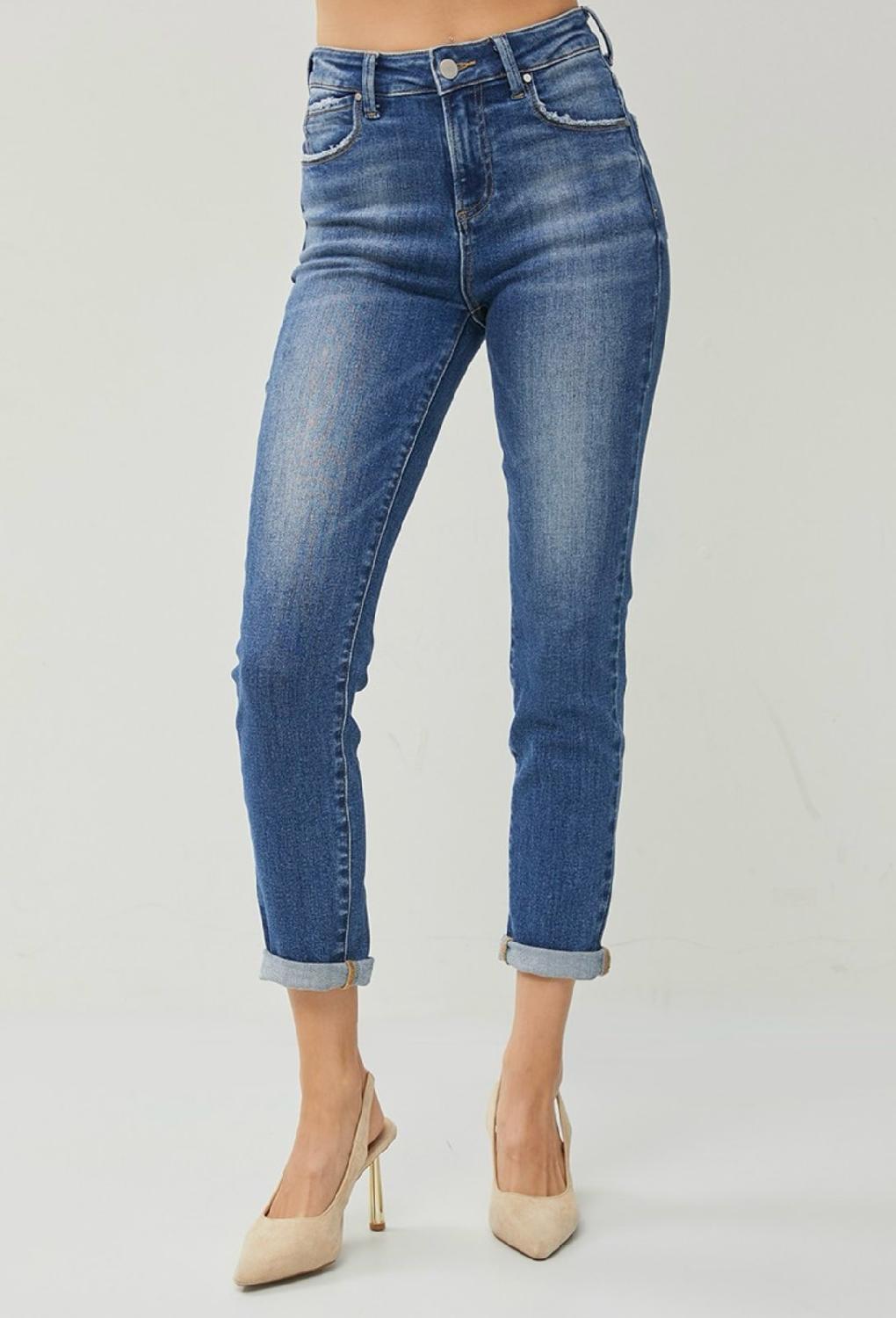 Risen Plus Size High Rise Roll Up Relaxed Skinny Jeans