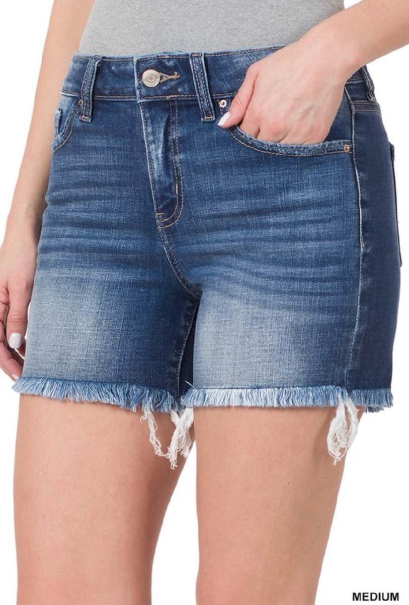 Zenana Mid Rise Raw Frayed Hem Denim Shorts