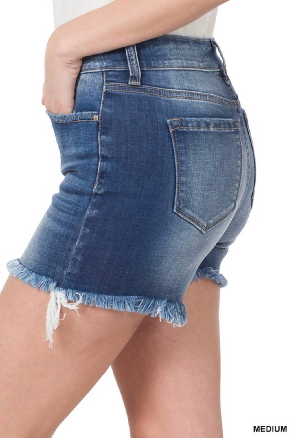 Zenana Mid Rise Raw Frayed Hem Denim Shorts