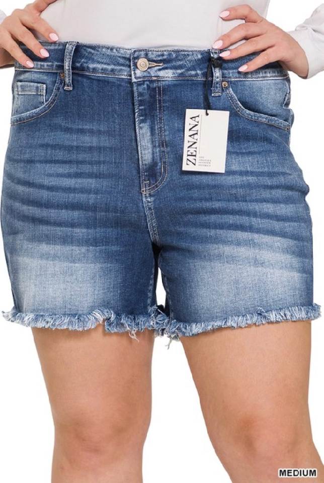 Zenana Plus Mid Rise Raw Frayed Hem Denim Shorts