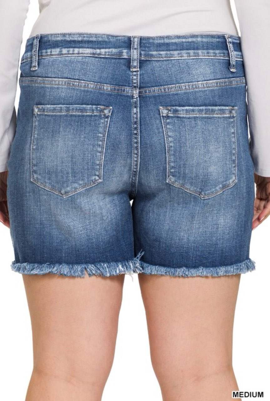 Zenana Plus Mid Rise Raw Frayed Hem Denim Shorts