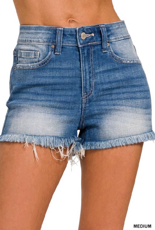 Zenana Mid Rise Raw Frayed Hem Denim Shorts