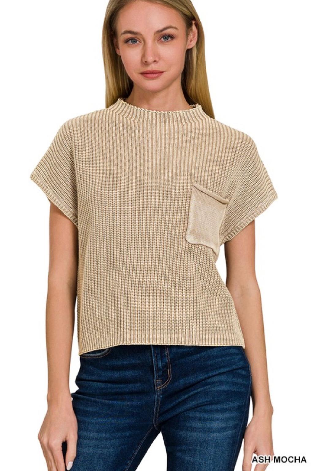 See You Then Washed Mock Neck Short Sleeve Cropped Sweater