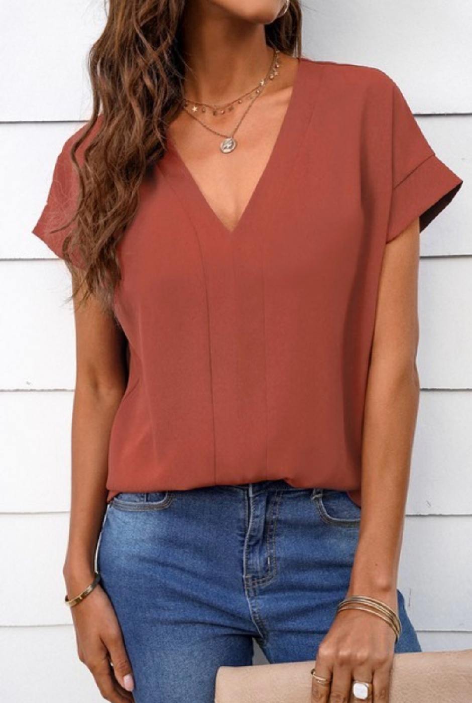 Classic Cutie V Neck Short Bat Sleeve Loose Top