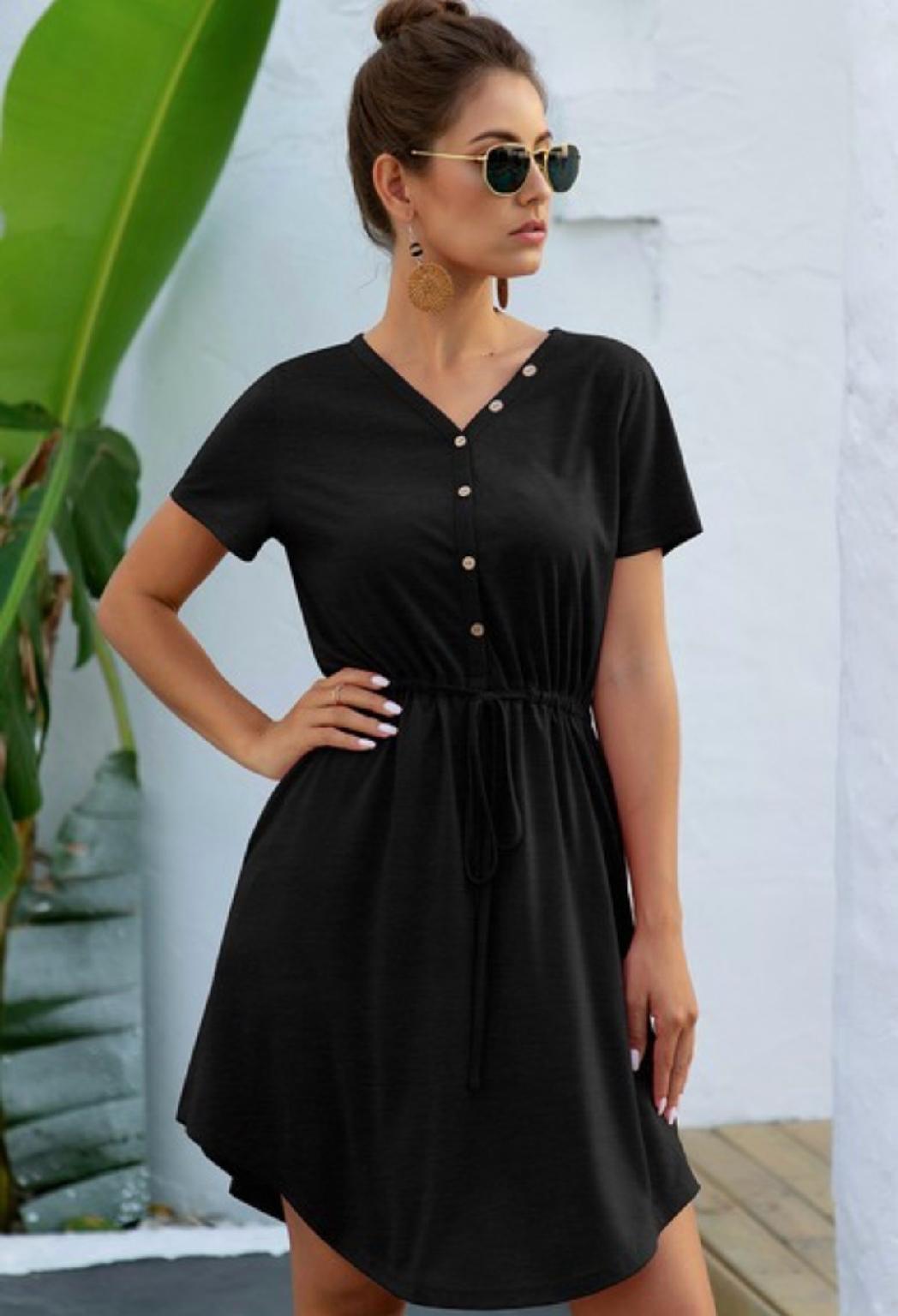 Never Change V Neck Button Ruffle Waist Tie Dress