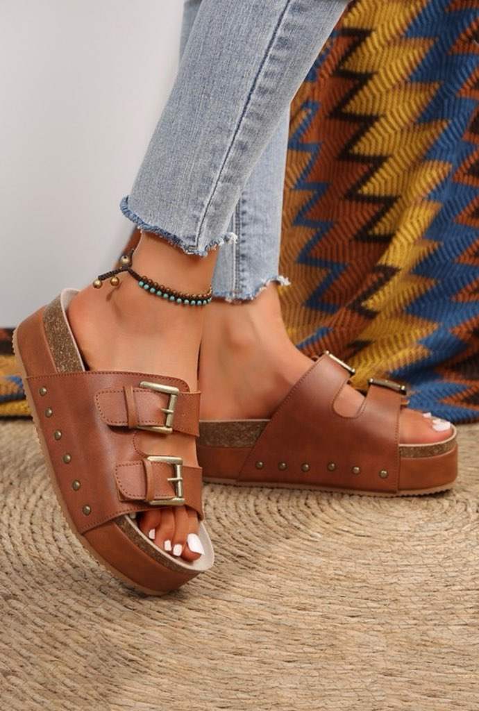 Chestnut Dual Buckle Sandal Slippers