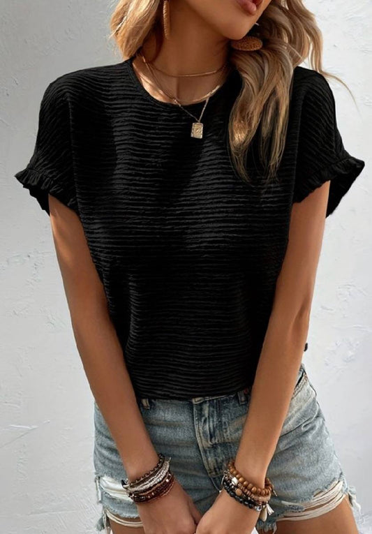 The Way I Love You Solid Textured Ruffled Short Sleeve Blouse