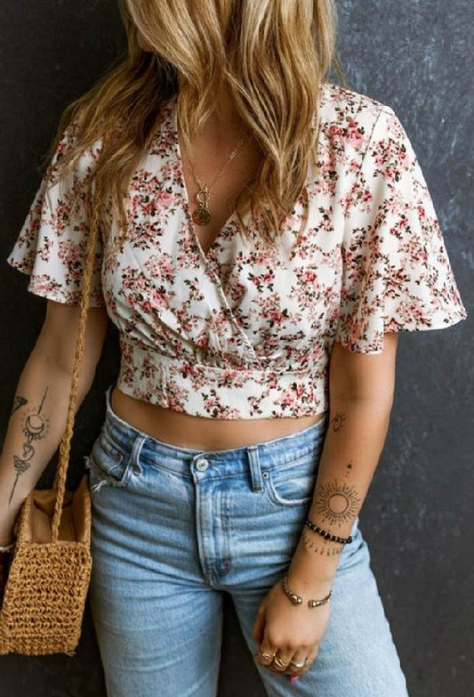 Crushing On You Pink Sexy V Neck Floral Cropped Blouse