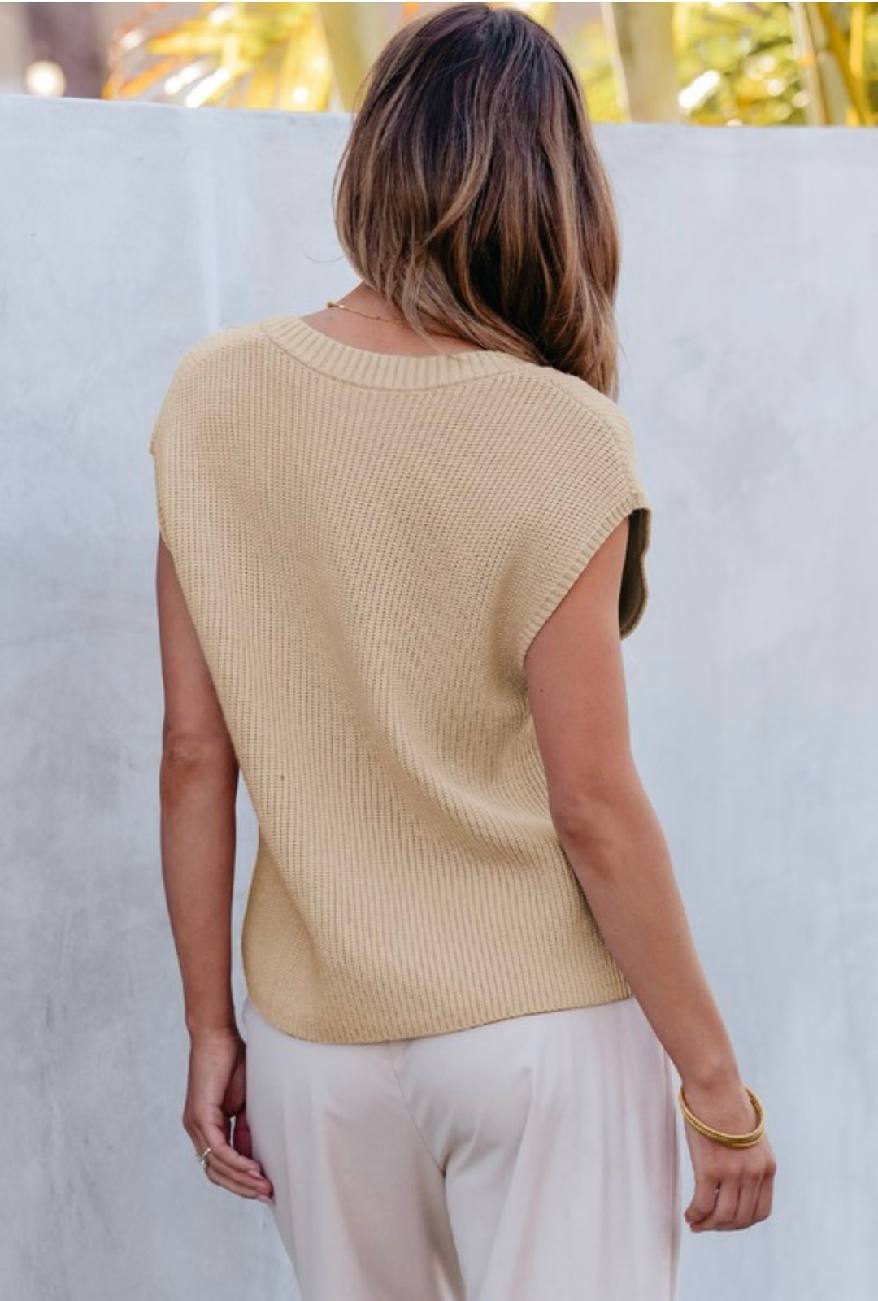 Knowing You Apricot Pocket V Neck Ribbed Cap Sleeve Sweater