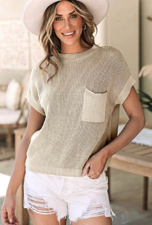 Casually Cool Khaki Patch Pocket Short Sleeve Sweater