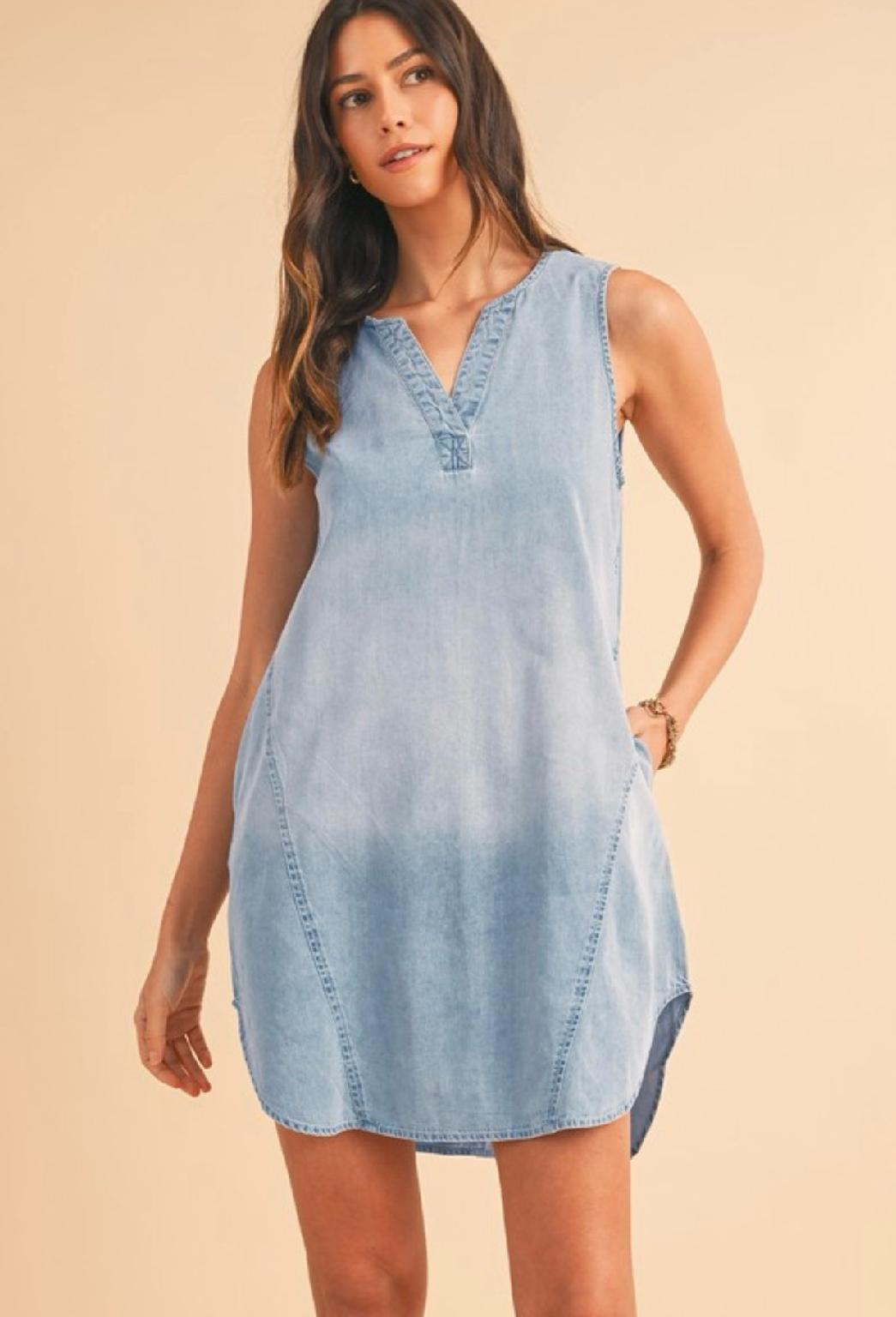 Lily Light Wash Split Neck Sleeveless Chambray Dress