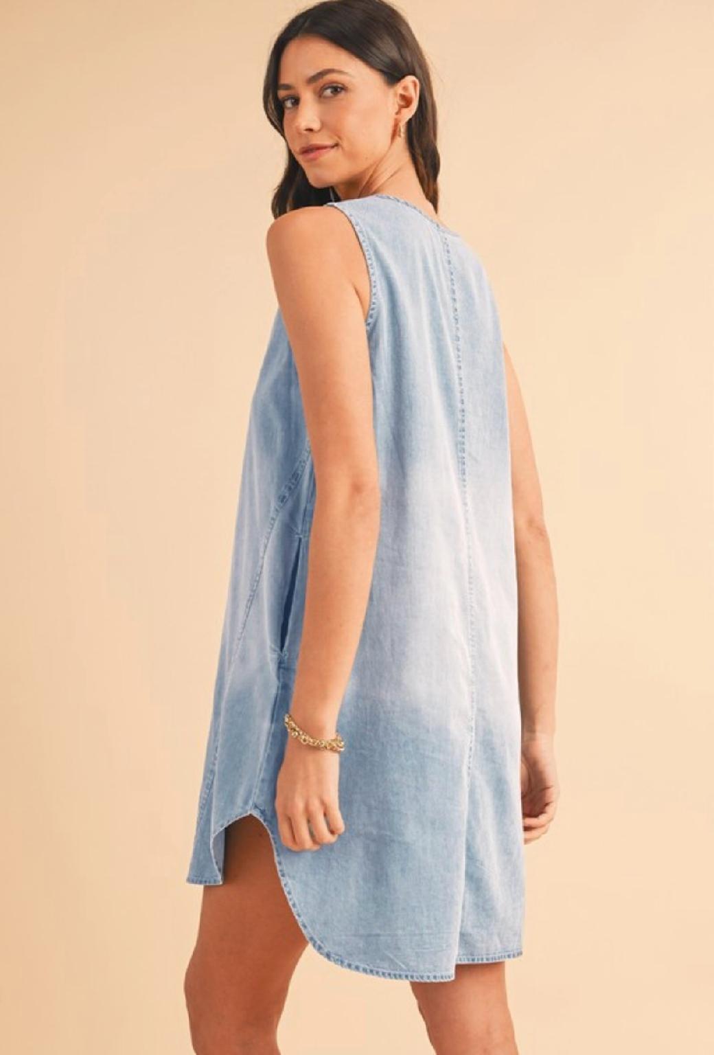 Lily Light Wash Split Neck Sleeveless Chambray Dress