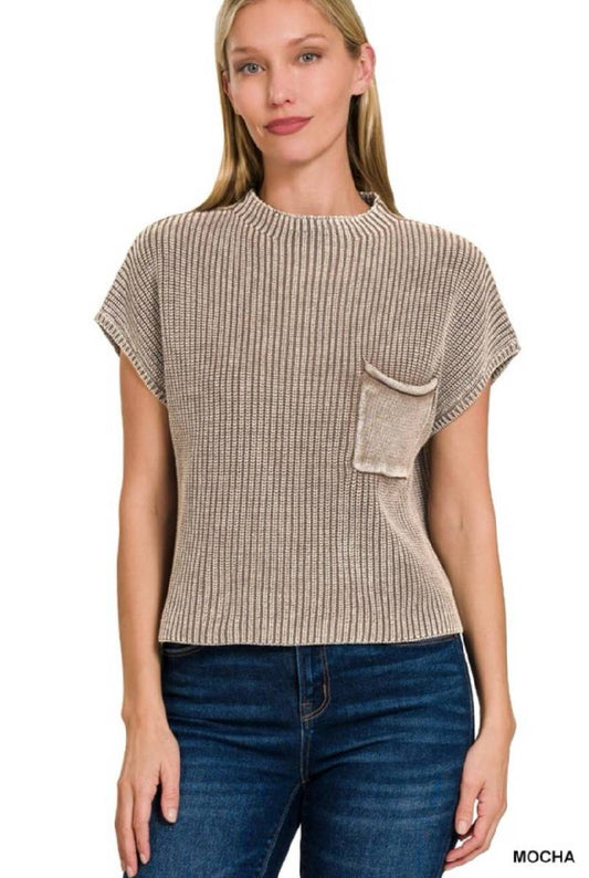 See You Then Washed Mock Neck Short Sleeve Cropped Sweater